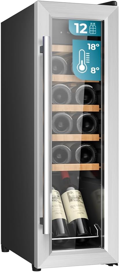 Wolnostojąca lodówka na wino Cecotec Bolero GrandSommelier 1250 CoolWood. Chłodziarka na wino o pojemności 12 butelek, z regulacją temperatury od 8 do 18°C, oświetleniem LED i drewnianymi półkami.