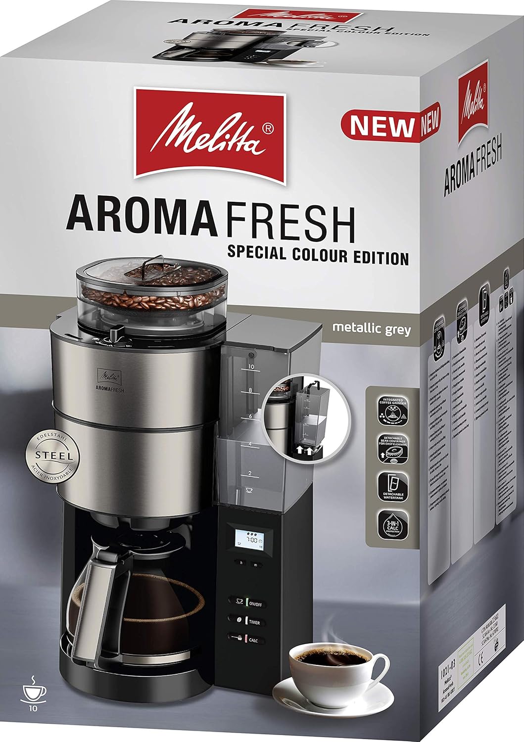 Melitta AromaFresh - Ekspres przelewowy - ze szklanym dzbankiem - wbudowanym młynkiem - funkcją timera - 10 filiżanek - Czysta czerń