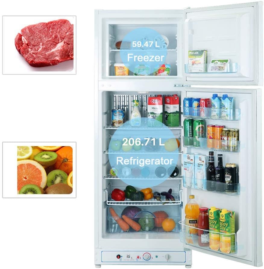 Lodówka gazowa SMETA z zamrażarką, 265 l (203 l + 62 l), 220 V, lodówka z zamrażarką, lodówka gazowa kempingowa do kampera, garażu, przyczepy kempingowej, domu, biała
