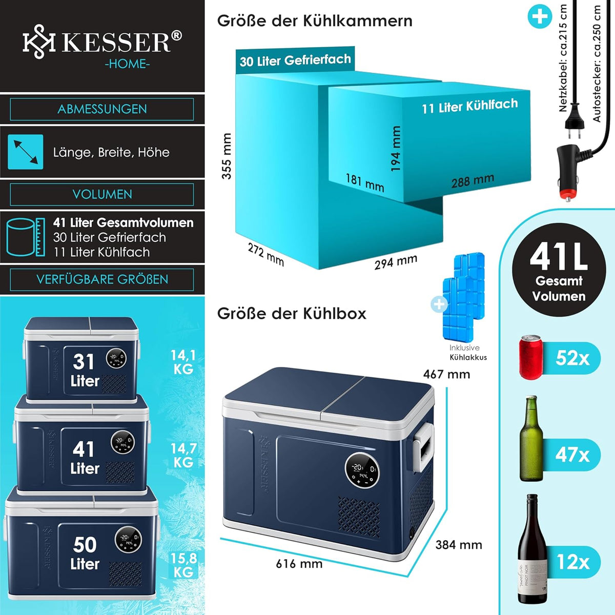 Lodówka kompresorowa KESSER® 2 w 1, dwustrefowa, z komorą chłodzenia i mrożenia, elektryczna zamrażarka z 2 wkładami chłodzącymi i dotykowym sterowaniem LED | Lodówka chłodząca do -20°C, idealna na kemping, do samochodu, ciężarówki, 12/24 V 230 V