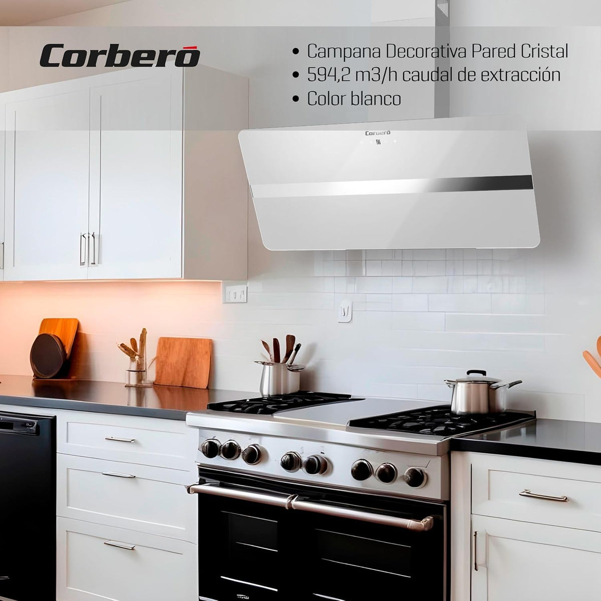 Corberó – Okap kuchenny 90 cm | VICTORIA960W | 594,2 m³/h | 67 dB | 165 W | 3 prędkości | Sterowanie dotykowe | Szkło hartowane | Filtr aluminiowy i węglowy | Białe szkło