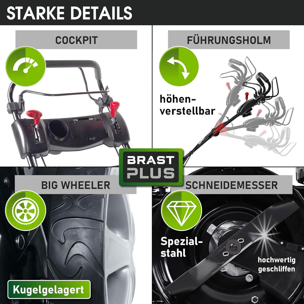 Spalinowa kosiarka do trawy BRAST z napędem | 5,2 kW (7 KM) | Rozruch elektryczny | Szerokość koszenia 48 cm | Różne modele | Certyfikat TÜV | Silnik czterosuwowy OHV | Wysokość koszenia 30–80 mm | Kosz na trawę 60 l | Stalowa obudowa | Model 19224 E