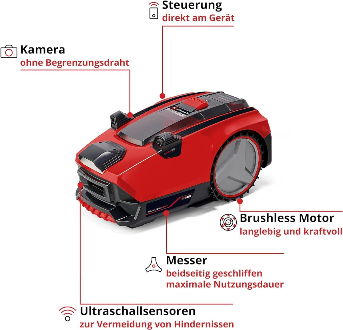 Robot koszący Einhell FREELEXO CAM 500 Power X-Change (18 V, kamera zastępuje przewód ograniczający, do 500 m, bezszczotkowy, do 25% nachylenia, szerokość koszenia 18 cm, w zestawie akumulator 3,0 Ah, taśma magnetyczna 5 m)