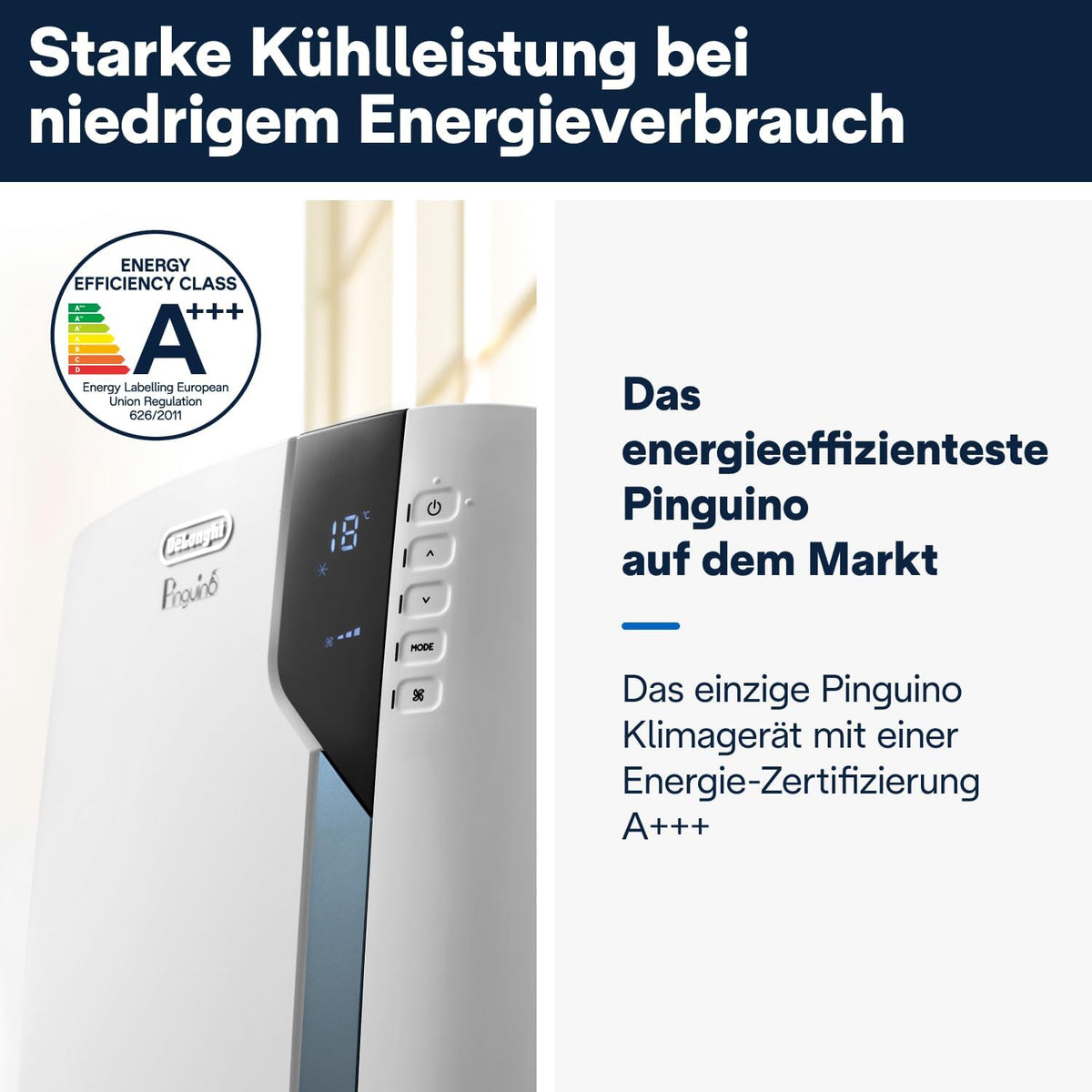 De'Longhi Pinguino PAC EL112 CST WiFi, przenośna klimatyzacja z technologią MyEcoRealFeel do pomieszczeń o kubaturze do 110 m³, 11 000 BTU/h, 2,9 kW, 63 dB, funkcja osuszania, A, sterowanie aplikacją i głosem, kolor biały