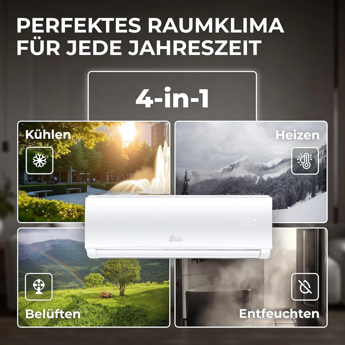 Klimatyzator typu split firmy Kältebringer z funkcją szybkiego łączenia – 12000 BTU (3,4 kW) z funkcją grzania, Wi-Fi i aplikacją, do 91 m2, bardzo cichy – 5 m rur miedzianych, czynnik chłodniczy R32, materiały montażowe, uchwyt ścienny