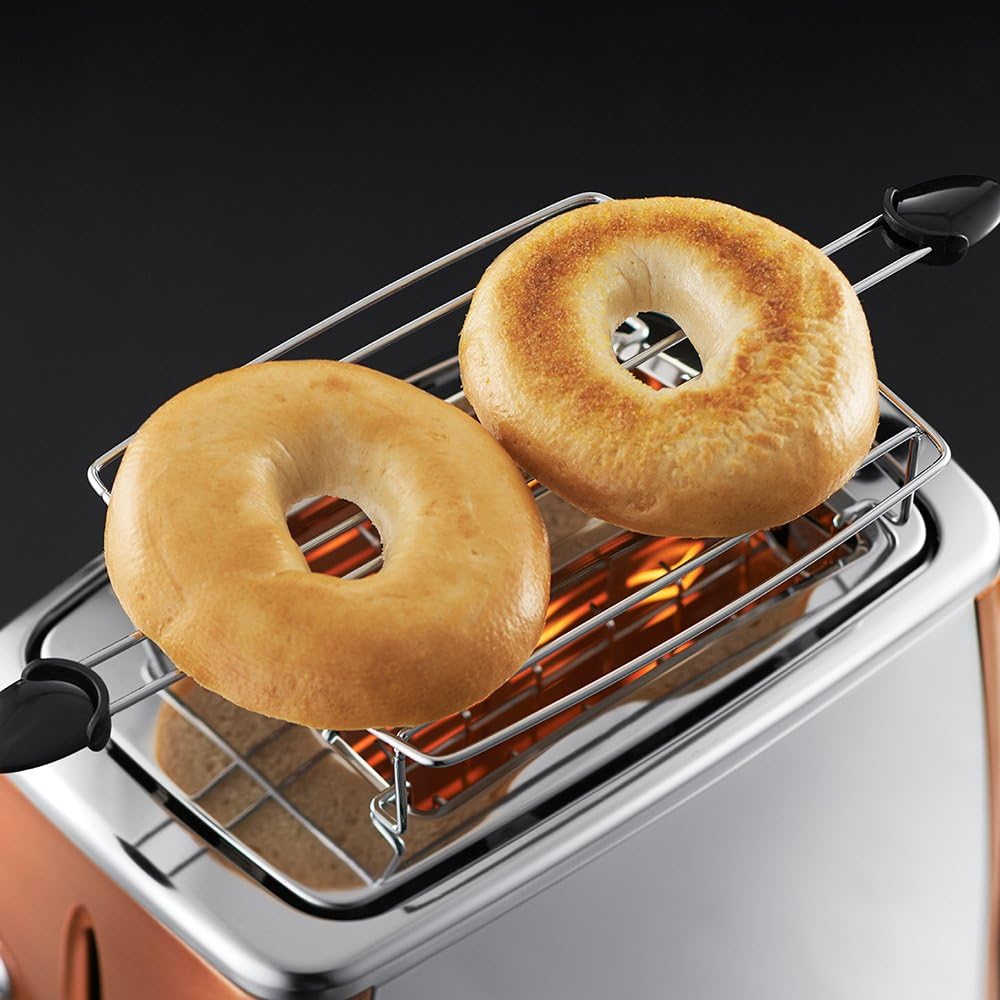 Toster Russell Hobbs Luna [na 2 kromki] Stal nierdzewna, miedź (bardzo szerokie otwory do opiekania, w tym podgrzewacz bułek, 6 poziomów opiekania, funkcja rozmrażania i podgrzewania, 1550 W) 24290-56