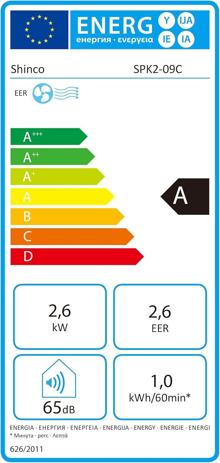 Przenośna klimatyzacja SHINCO z przewodem wydechowym, 9000 BTU, 2,6 kW, chłodzenie, wentylacja i osuszanie, przenośna klimatyzacja z trybem uśpienia, powierzchnia pomieszczenia do 22 m², 24-godzinny timer