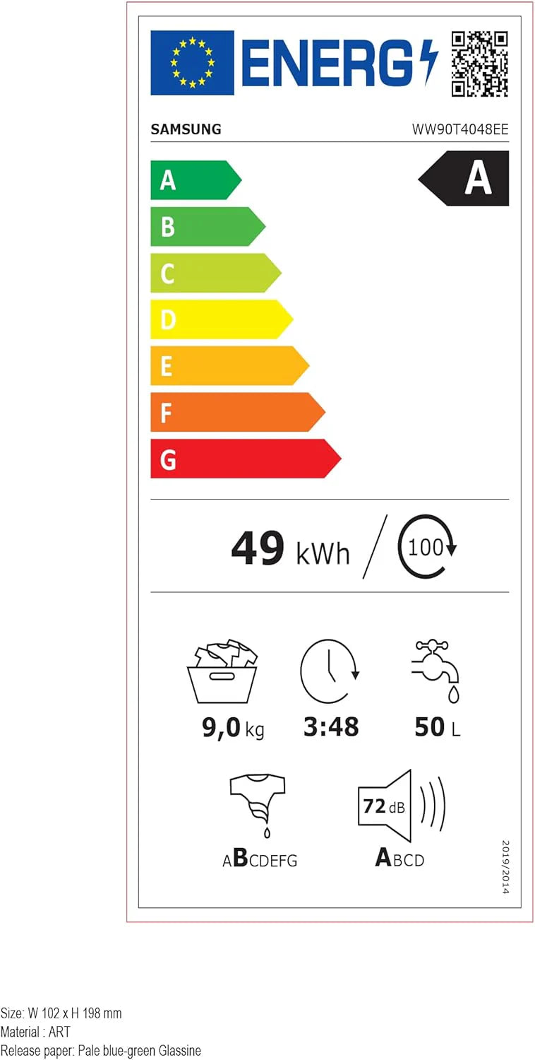 Pralka Samsung WW90T4048EE/EG, 9 kg, 1400 obr./min, Ecobubble, program higienicznej pary, funkcja intensywnego usuwania plam, silnik z cyfrowym inwerterem, kolor biały