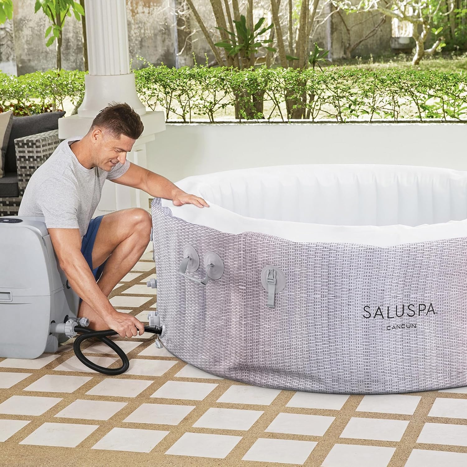 Large Round 2 to 4 Person Inflatable Hot Tub Portable Outdoor Spa with 120 AirJets and EnergySense Cover, Grey