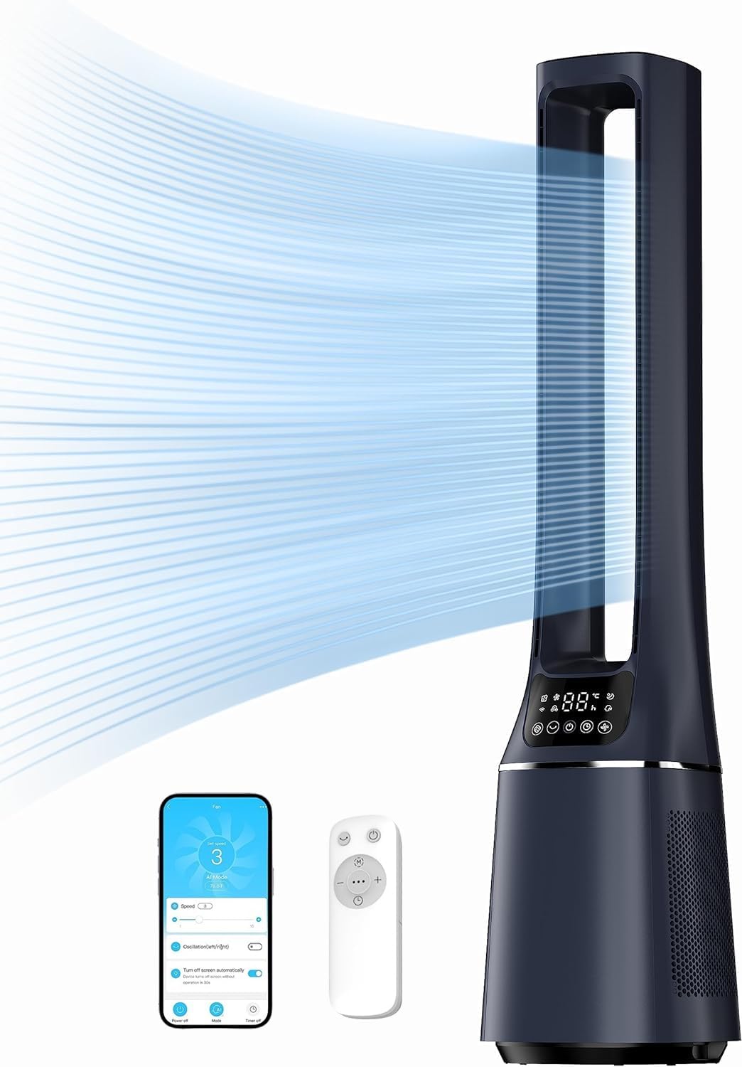 Midea MFP-120i (BL) 2-w-1 wentylator wieżowy, cichy oczyszczacz powietrza 38 dB, filtr HEPA H13 True, 47,6 m², wyświetlacz LED, pilot zdalnego sterowania, oscylacja, 12-godzinny timer, kompatybilny z połączeniem bezprzewodowym, Alexa i Asystentem Goo
