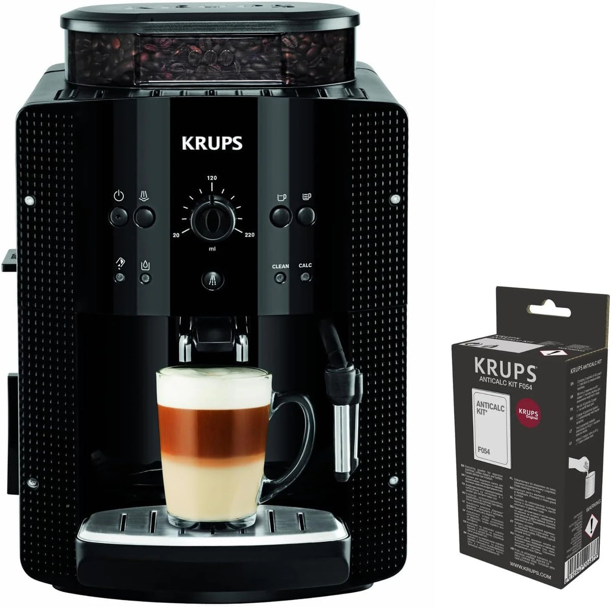 Krups Rome, automatyczny ekspres do kawy, zbiornik na wodę 1,7 l, 3 poziomy temperatury, 3 poziomy mocy, 15 barów, metalowy młynek stożkowy, prosty panel sterowania, kolor czarny, EA810870