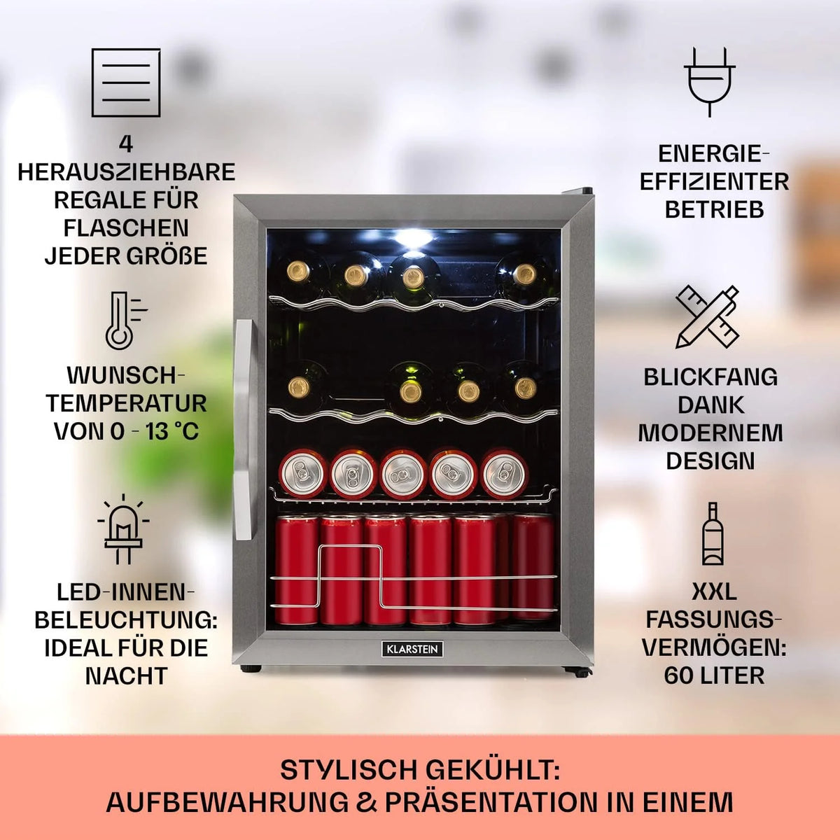 Klarstein Mini lodówka z drzwiami szklanymi do pomieszczeń, chłodziarka na napoje z regulowanymi półkami, mała 80 litrów, do użytku wewnątrz i na zewnątrz, cicha