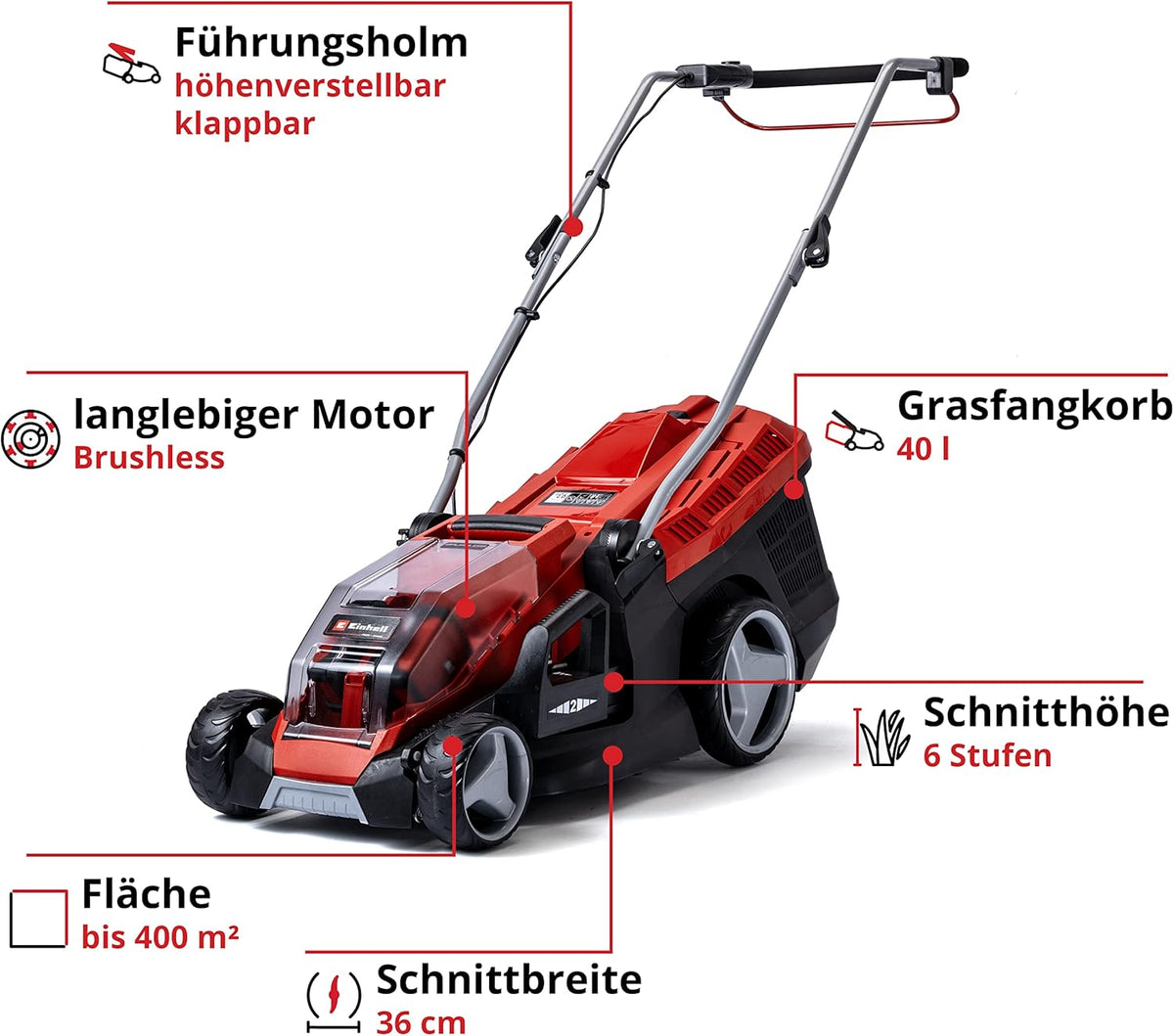 Kosiarka akumulatorowa Einhell GE-CM 36/36 Li Kit Power X-Change (36 V, szerokość koszenia 36 cm, do 400 m², bezszczotkowa, kosz na trawę 40 l, wysokość koszenia 25–75 mm, w zestawie 2 akumulatory 4,0 Ah i 2 ładowarki)