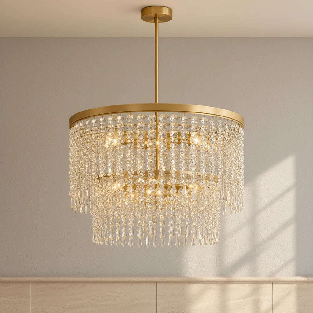 Rubina 30 inch kroonluchter met 12 lampen, amberkleurig kristal en gepolijst goud.