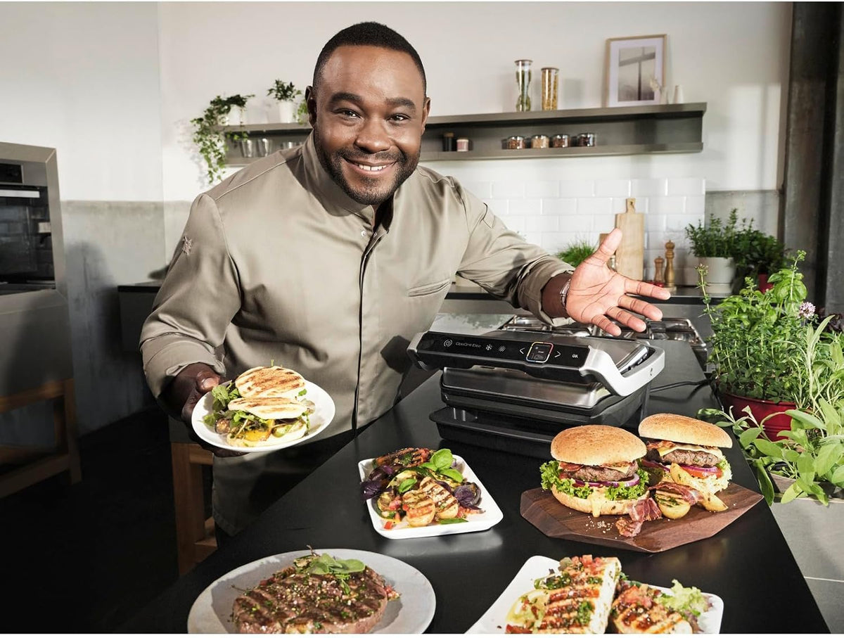 Grill kontaktowy Tefal OptiGrill Elite, 12 programów, wyświetlacz cyfrowy ze wskaźnikiem poziomu wysmażenia, wyjmowane płyty, grill elektryczny, stal nierdzewna, GC750D16