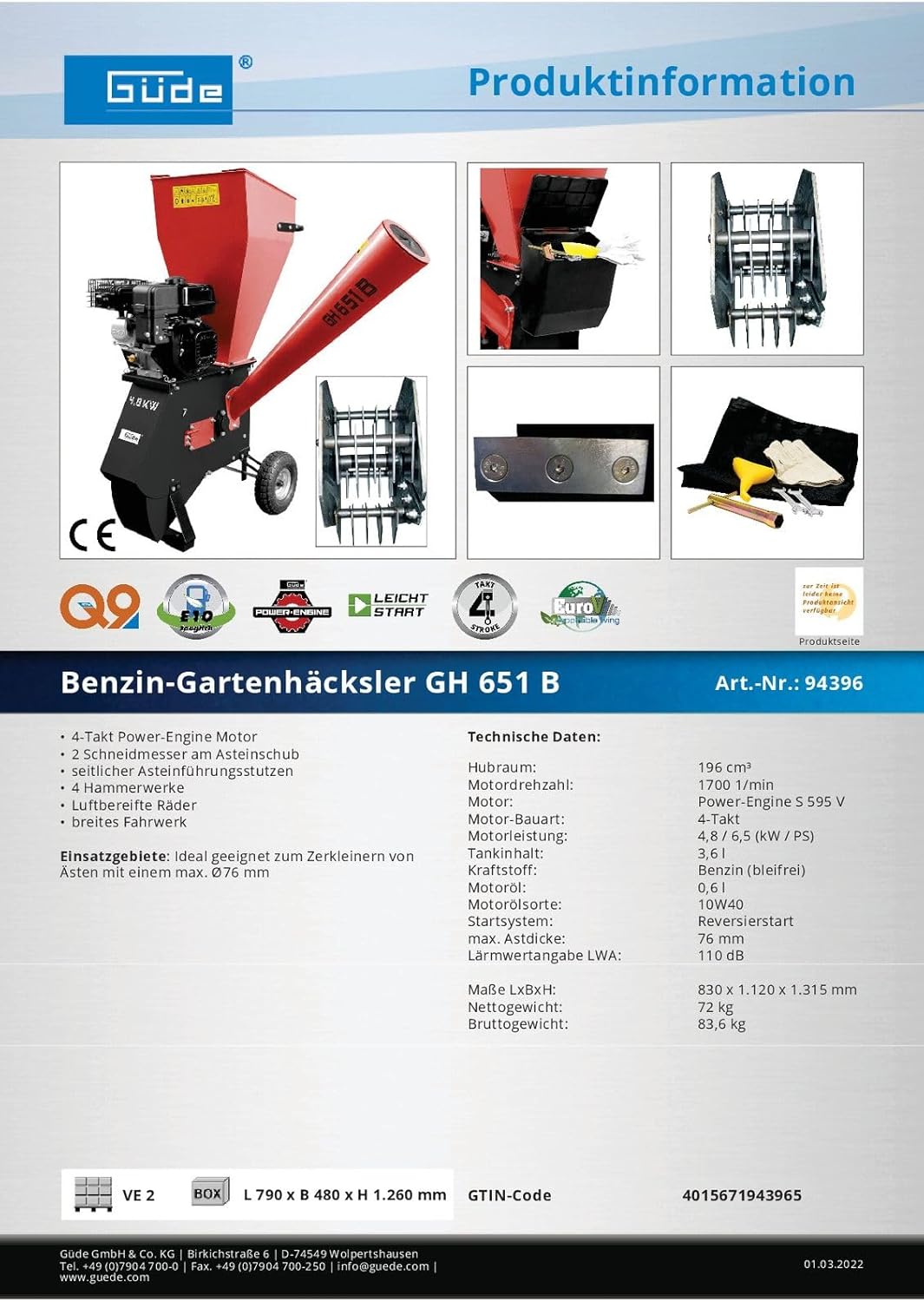 Rozdrabniacz ogrodowy GÜDE GH 651 B | Silnik benzynowy | Moc 4800 W | Do gałęzi o średnicy do 76 mm | Podwozie