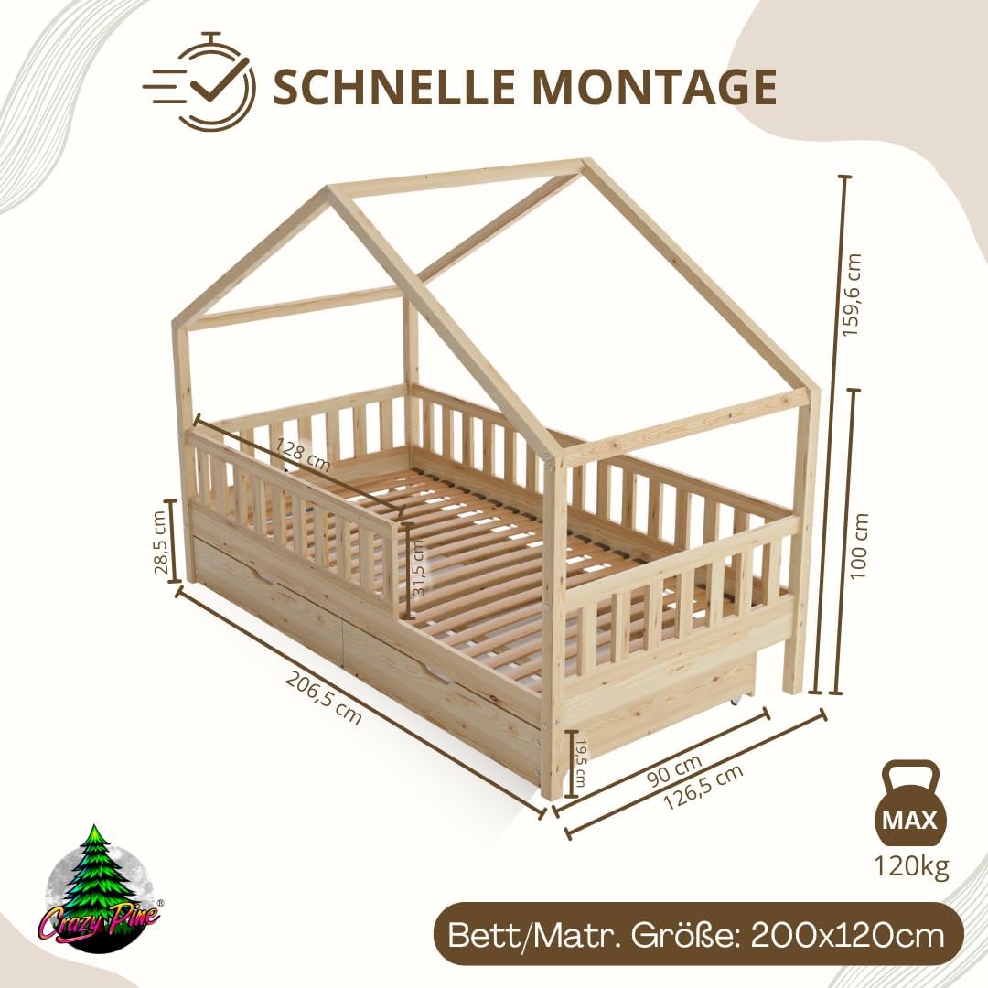 Łóżko Crazy Pine House z szufladami 200x90 cm – łóżko dziecięce z naturalnego drewna z zabezpieczeniem przed upadkiem – łóżko Montessori z dodatkową przestrzenią do przechowywania i wyjmowaną barierką – Crazy House