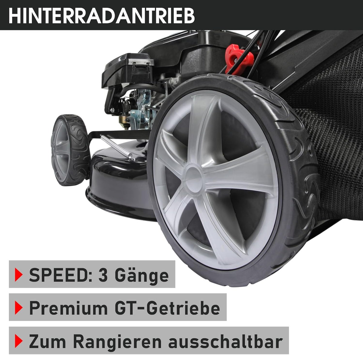 Spalinowa kosiarka do trawy BRAST z napędem | 5,2 kW (7 KM) | Rozruch elektryczny | Szerokość koszenia 48 cm | Różne modele | Certyfikat TÜV | Silnik czterosuwowy OHV | Wysokość koszenia 30–80 mm | Kosz na trawę 60 l | Stalowa obudowa | Model 19224 E