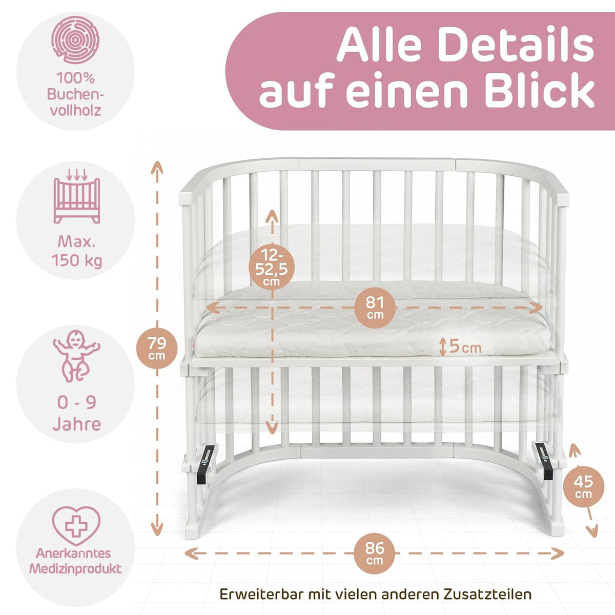 Oryginalne łóżeczko dostawne Babybay z litego drewna bukowego / kompaktowe i rozkładane / płynna regulacja wysokości łóżeczka i przyjazne dla środowiska / rośnie wraz z dzieckiem (lakierowane na biało) / w zestawie materac