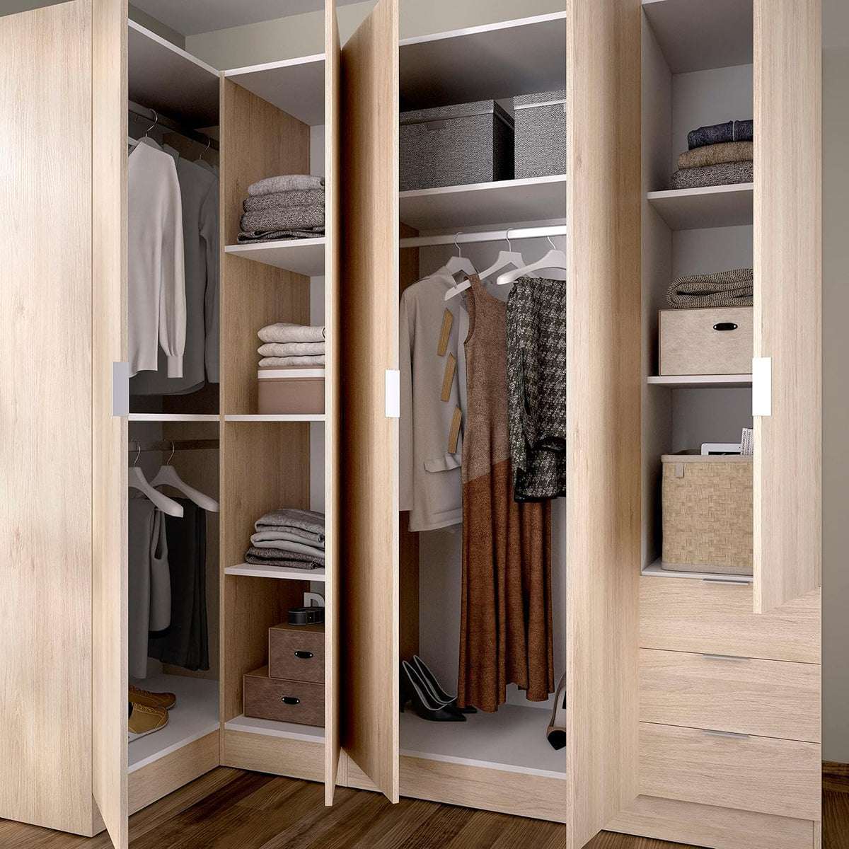 DEKIT GRUPO RIMOBEL Essen Corner Wardrobe with Drawers - Natural Oak - 184 cm (Height) x 91 cm (Width) x 214 cm (Depth)
