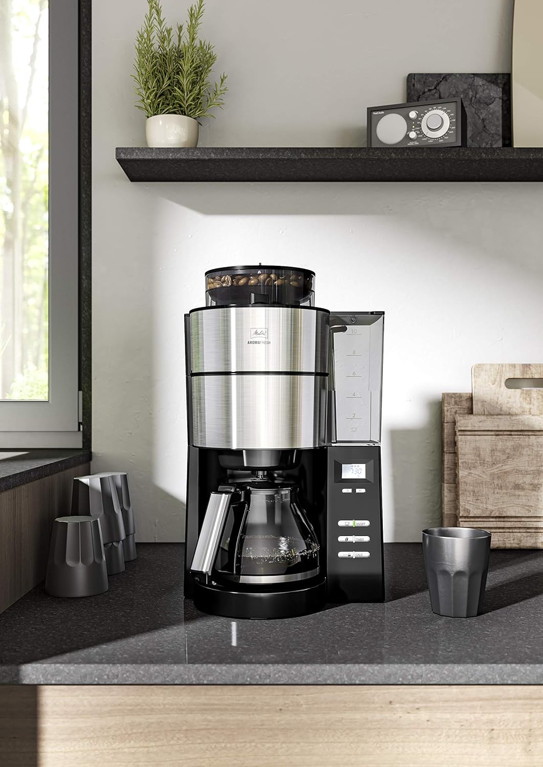 Melitta AromaFresh - Ekspres przelewowy - ze szklanym dzbankiem - wbudowanym młynkiem - funkcją timera - 10 filiżanek - Czysta czerń