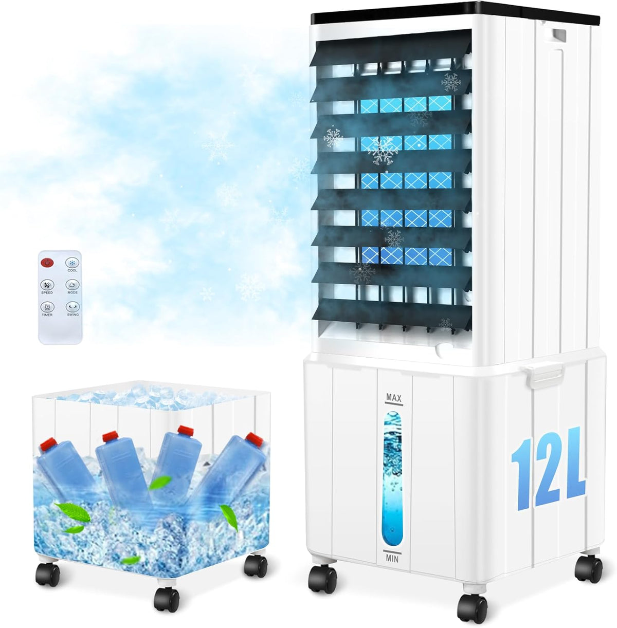 Przenośna chłodnica powietrza (bez rury wylotowej), urządzenie 12 l / 60 W z timerem (12 godz.), 3 trybami pracy, poziomem hałasu 40 dB, oscylacją 120°, wyjmowanym zbiornikiem na wodę i pilotem – cicha chłodnica do mieszkań i pokoi