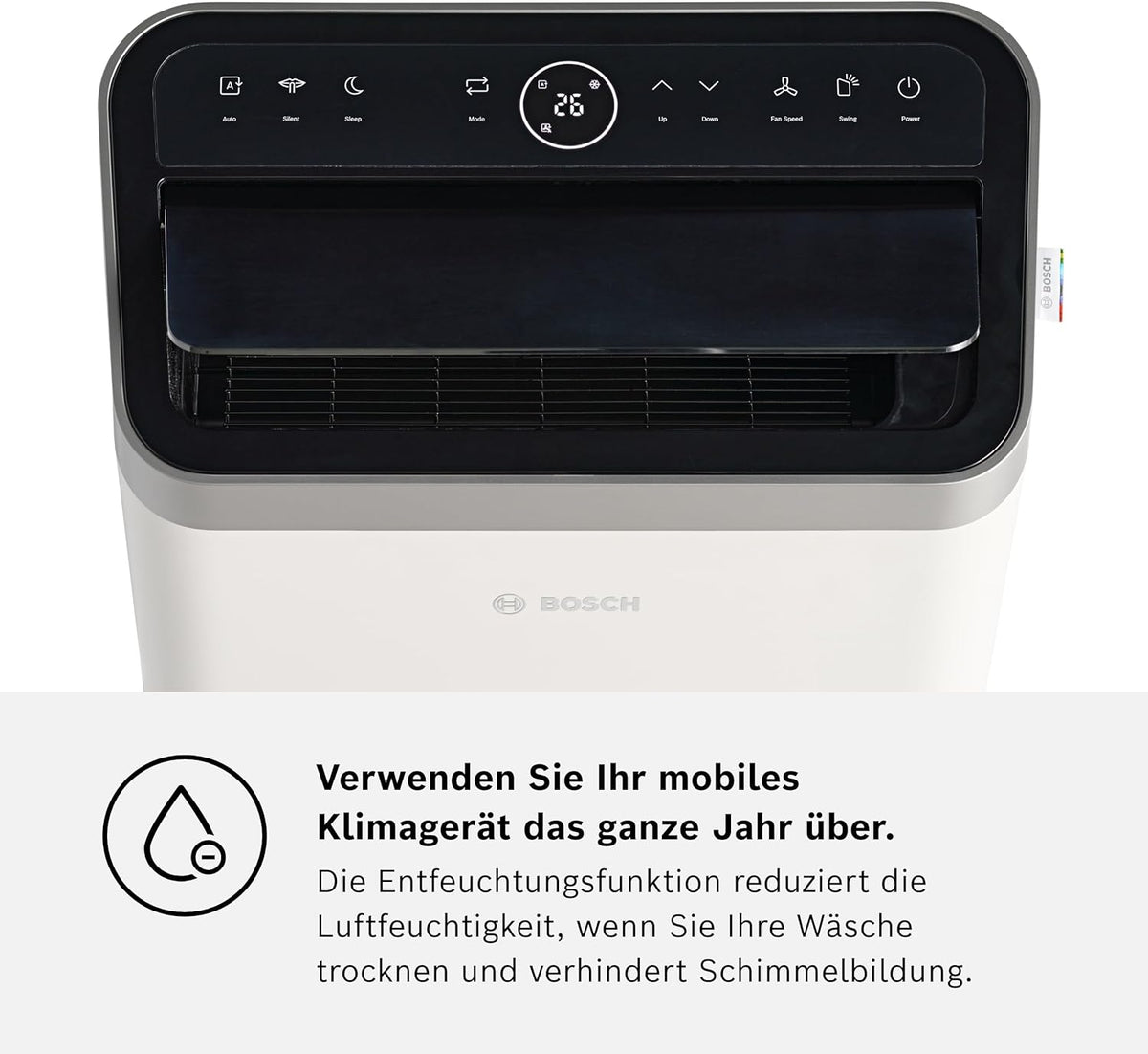 Przenośny klimatyzator Bosch Cool 4000 – 3 w 1: klimatyzator, osuszacz, wentylator – 2,6 kW do pomieszczeń o powierzchni do 35 m² – Z trybami Auto, Silent i Sleep