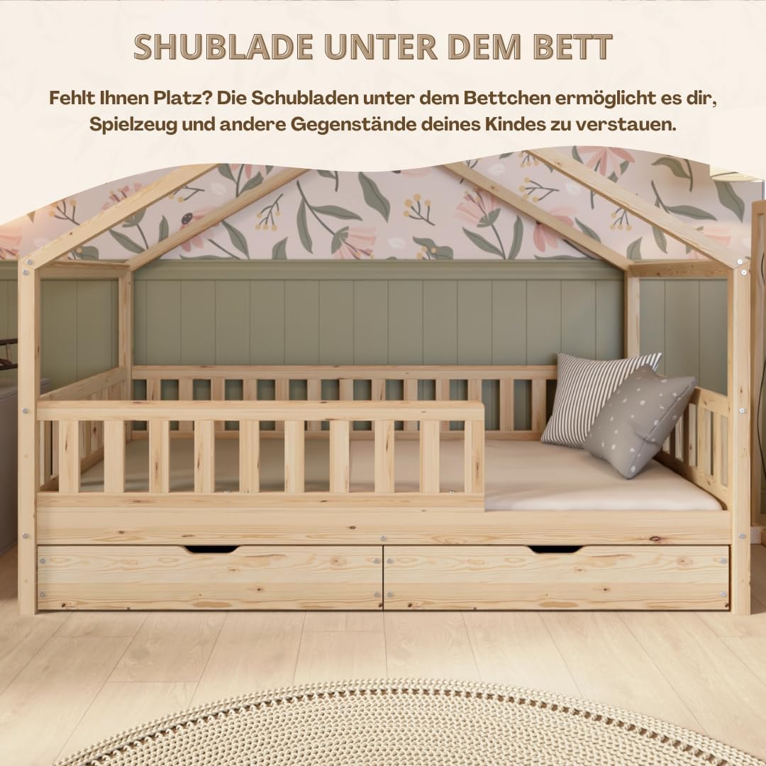 Łóżko Crazy Pine House z szufladami 200x90 cm – łóżko dziecięce z naturalnego drewna z zabezpieczeniem przed upadkiem – łóżko Montessori z dodatkową przestrzenią do przechowywania i wyjmowaną barierką – Crazy House