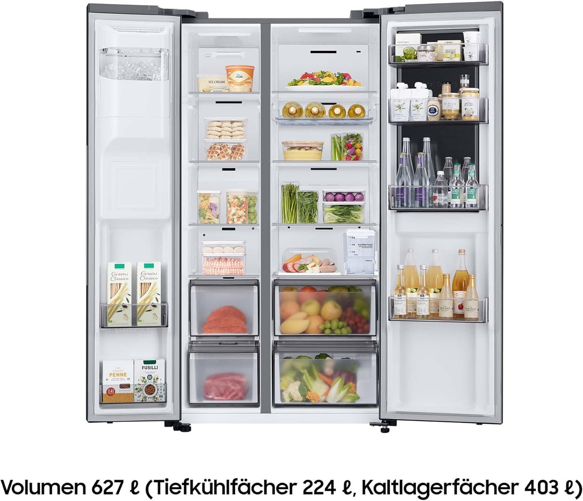 Lodówka typu side-by-side z zamrażarką Samsung RS64DG53R3B1EF, 178 cm, 628 l, tryb SmartThings AI Energy, dozownik lodu i wody, smukła kostkarka do lodu, stal nierdzewna premium