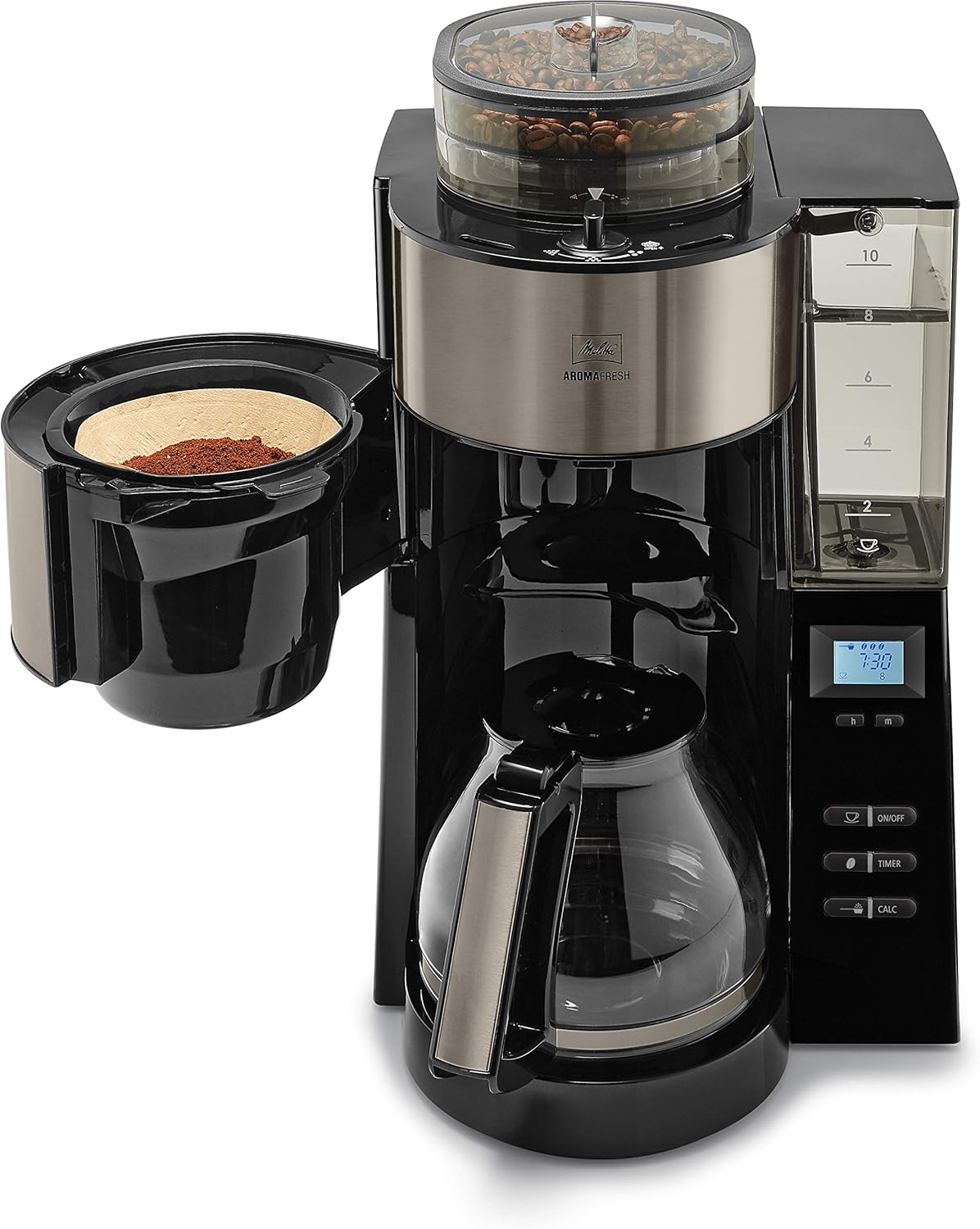 Melitta AromaFresh - Ekspres przelewowy - ze szklanym dzbankiem - wbudowanym młynkiem - funkcją timera - 10 filiżanek - Czysta czerń