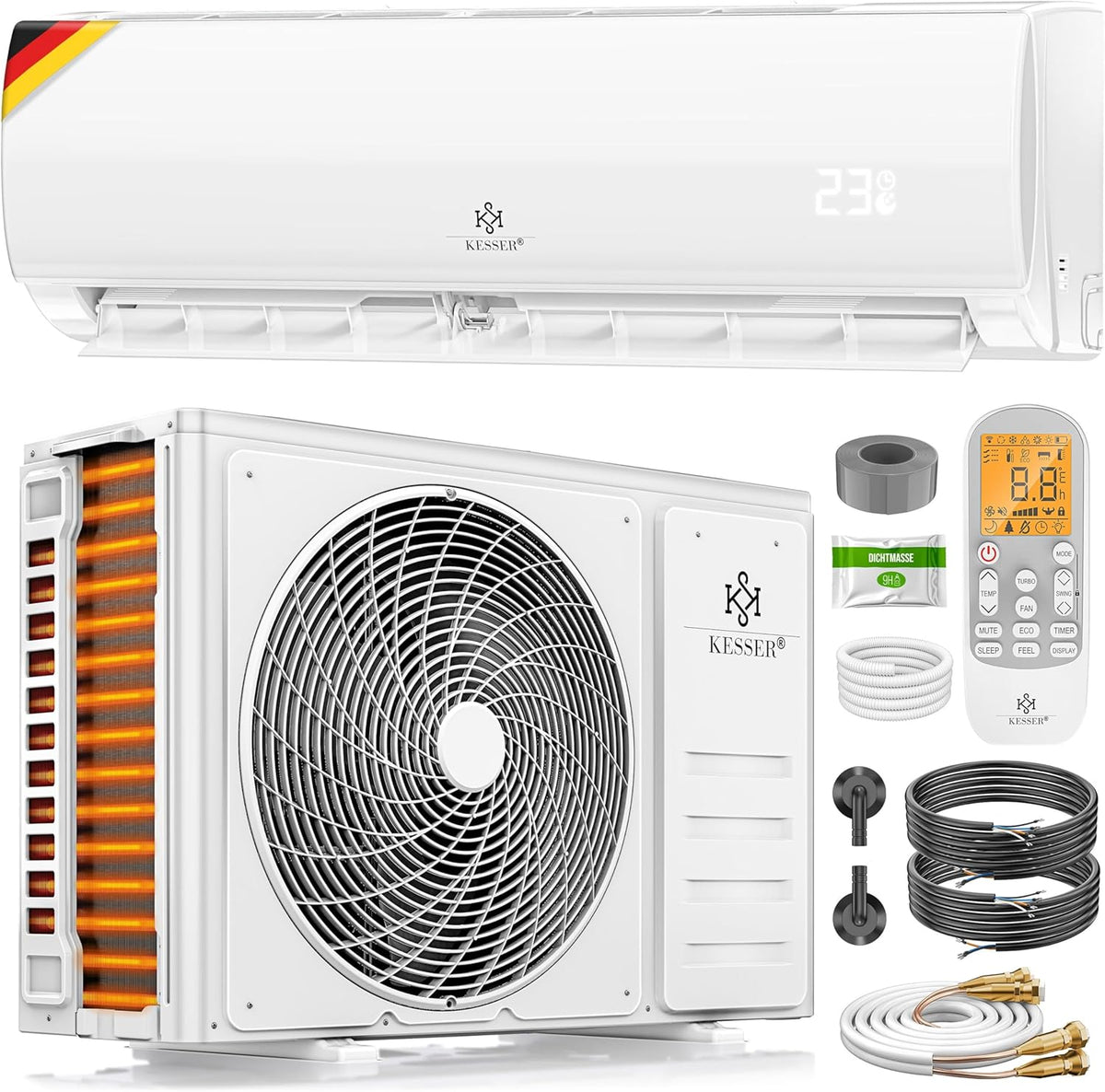 Zestaw klimatyzatora typu split KESSER® Quick Connect 12000 BTU 3,4 kW – WiFi i aplikacja Klimatyzator z funkcją grzania i chłodzenia Klimatyzator ścienny z rurami miedzianymi Czynnik chłodniczy R32 W zestawie materiały montażowe