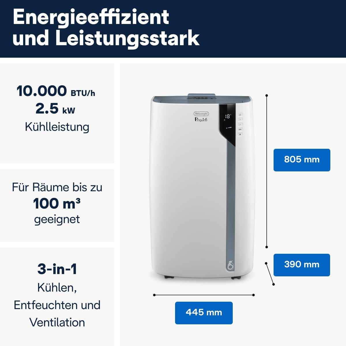De'Longhi Pinguino PAC EL112 CST WiFi, przenośna klimatyzacja z technologią MyEcoRealFeel do pomieszczeń o kubaturze do 110 m³, 11 000 BTU/h, 2,9 kW, 63 dB, funkcja osuszania, A, sterowanie aplikacją i głosem, kolor biały