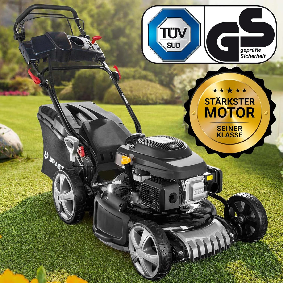 Spalinowa kosiarka do trawy BRAST z napędem | 5,2 kW (7 KM) | Rozruch elektryczny | Szerokość koszenia 48 cm | Różne modele | Certyfikat TÜV | Silnik czterosuwowy OHV | Wysokość koszenia 30–80 mm | Kosz na trawę 60 l | Stalowa obudowa | Model 19224 E