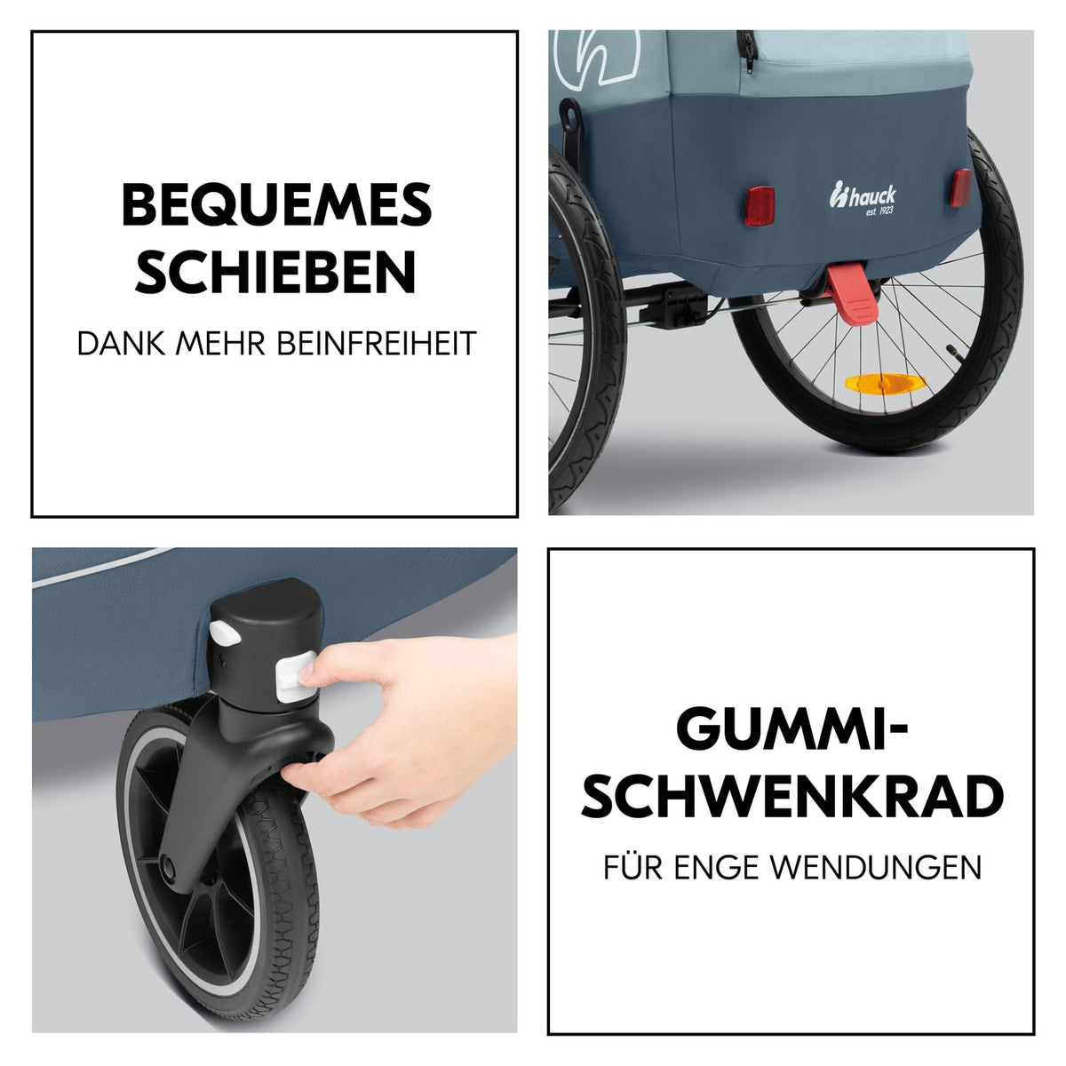 Przyczepka rowerowa i wózek Hauck Dryk Duo Plus z zawieszeniem, dla 2 dzieci (6-48 miesięcy), z dyszlem, kółkiem spacerowym, chorągiewką i oświetleniem LED, składana, regulowana wysokość, bagażnik XL (ciemnozielony)