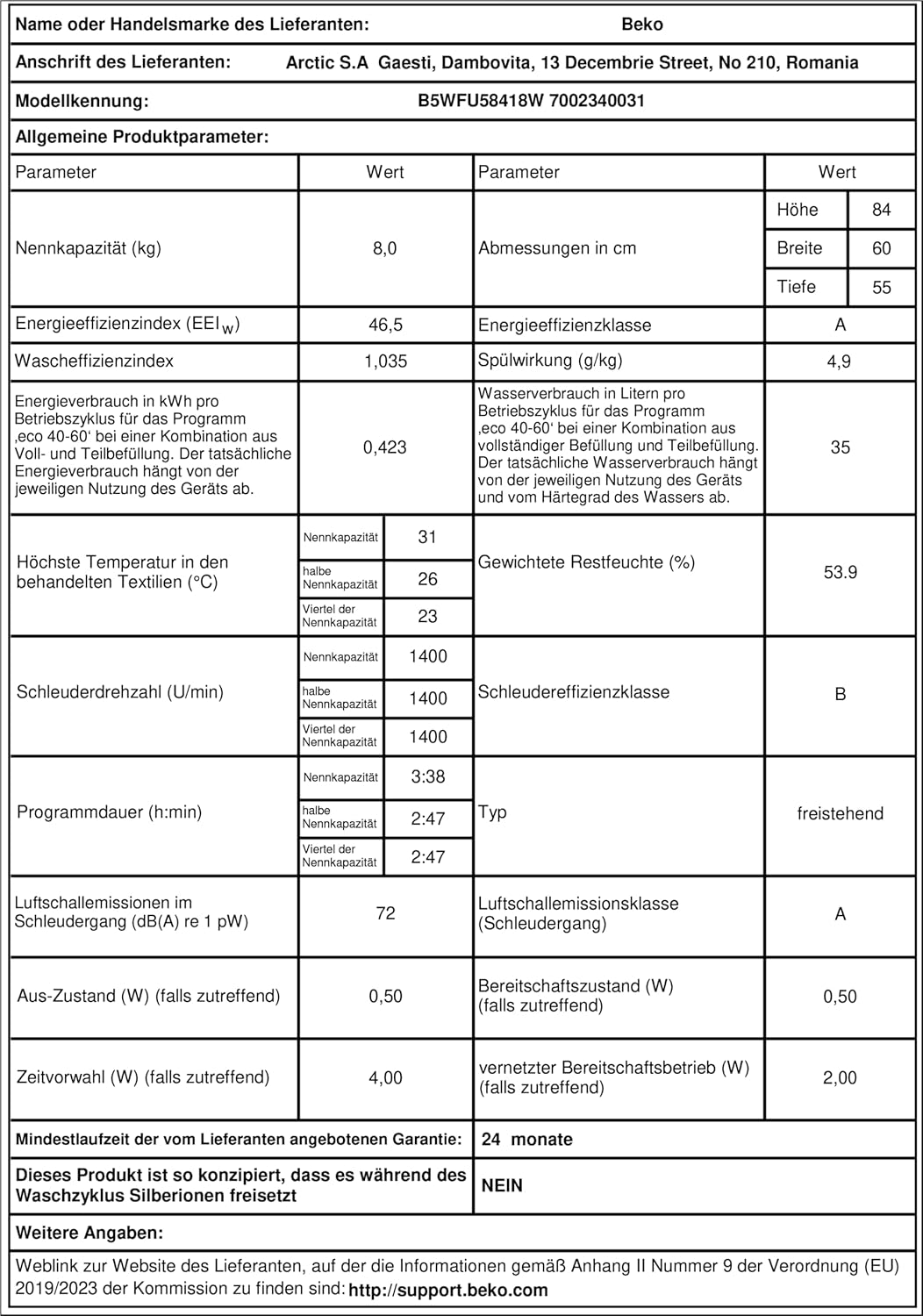 Pralka wolnostojąca Beko B5WFU58418W bPRO 500, w pełni automatyczna, 8 kg, AquaTech, wybór prędkości wirowania, 1400 obr./min, Bluetooth, funkcja pary, odpowiednia dla alergików, biała