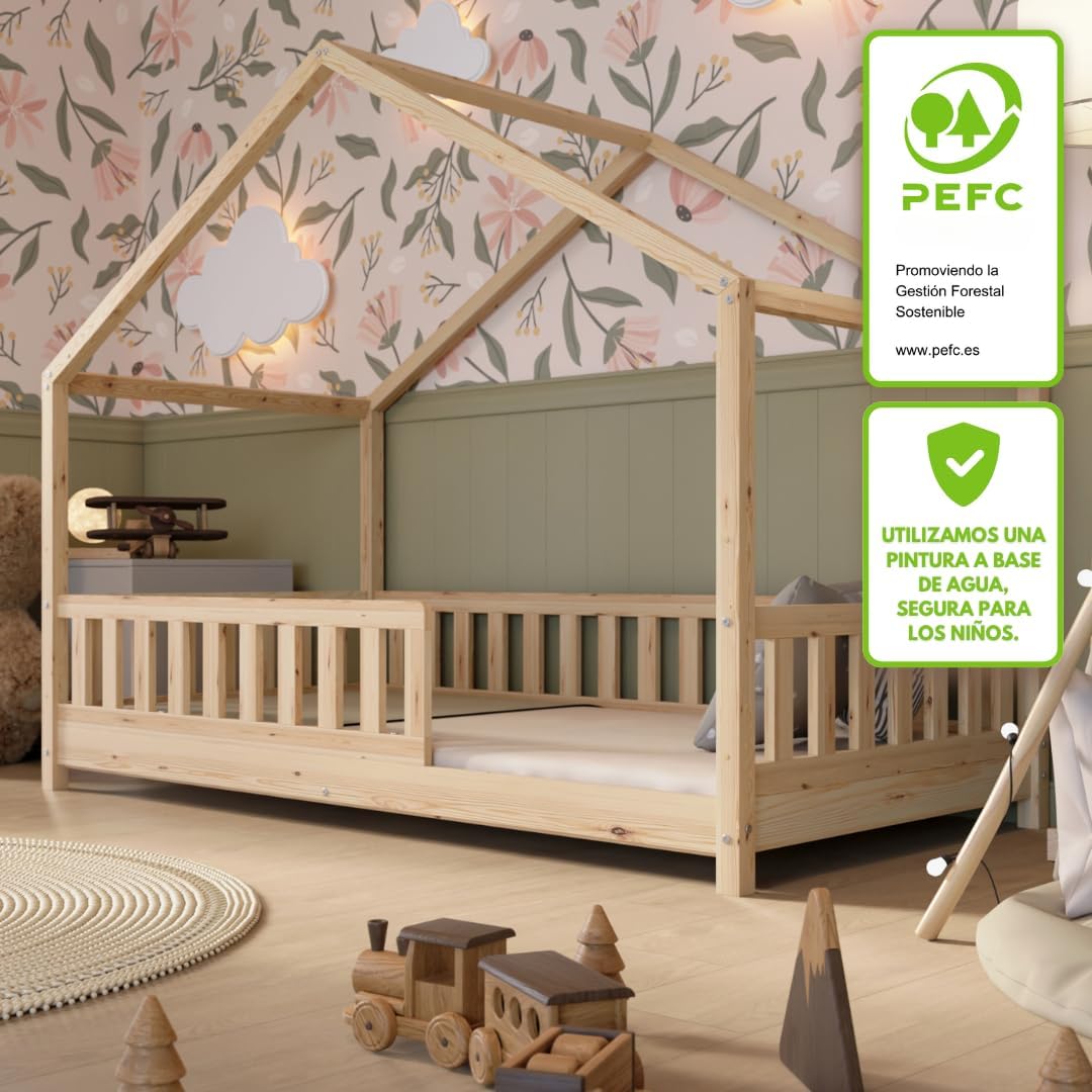 Łóżko Crazy Pine House z szufladami 200x90 cm – łóżko dziecięce z naturalnego drewna z zabezpieczeniem przed upadkiem – łóżko Montessori z dodatkową przestrzenią do przechowywania i wyjmowaną barierką – Crazy House