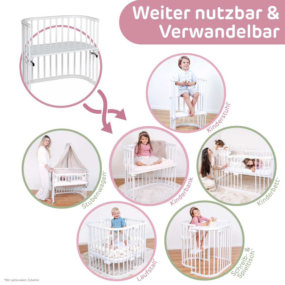 Oryginalne łóżeczko dostawne Babybay z litego drewna bukowego / kompaktowe i rozkładane / płynna regulacja wysokości łóżeczka i przyjazne dla środowiska / rośnie wraz z dzieckiem (lakierowane na biało) / w zestawie materac