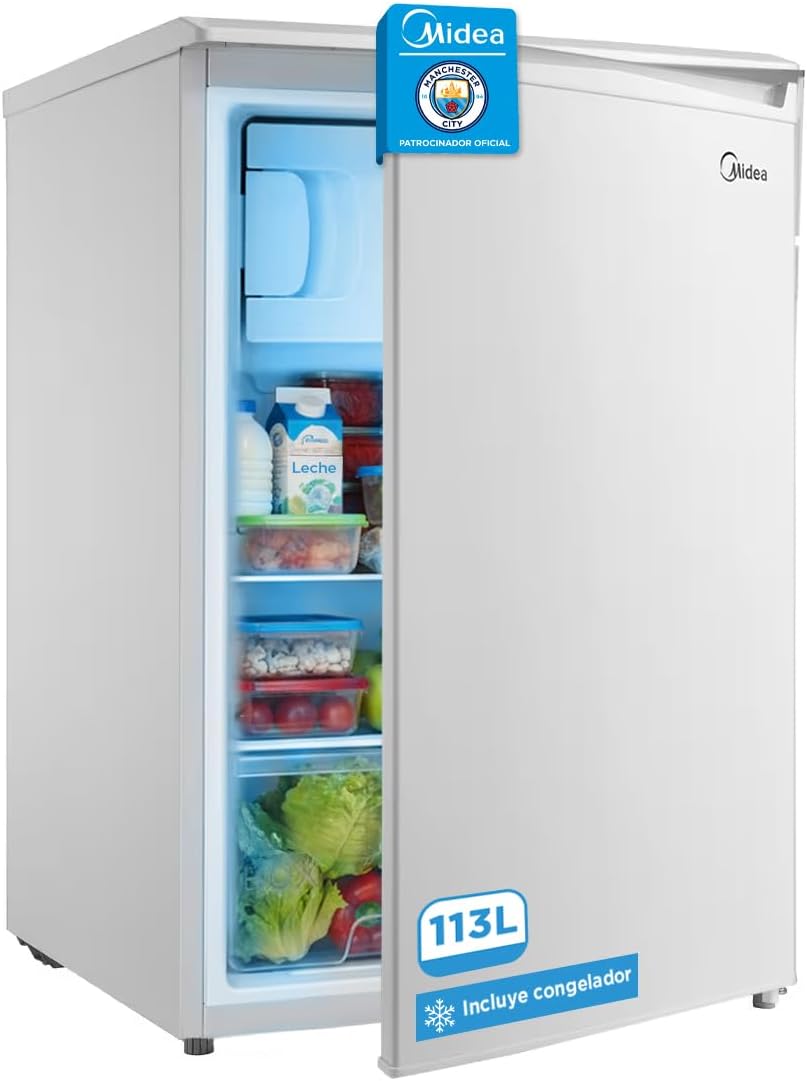 Midea Mała lodówka 113 l z zamrażarką - Mini lodówka do sypialni/przyczepy kempingowej/na kemping - Mini bar o niskim zużyciu energii - Cicha lodówka podblatowa 39 dB - Zamrażarka -16º/-24º