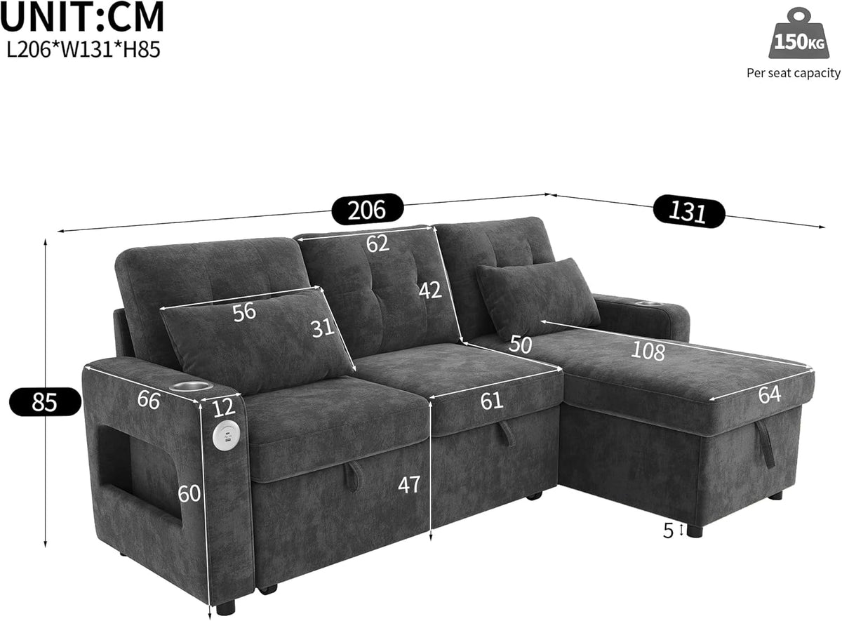 Narożna sofa z funkcją spania Merax w kształcie litery L i pojemnikiem na pościel – praktyczny narożnik rozkładany z miejscem do przechowywania, oświetleniem LED, portami USB/USB-C i 2 uchwytami na kubki – rozkładana sofa narożna, tkanina szenilowa,