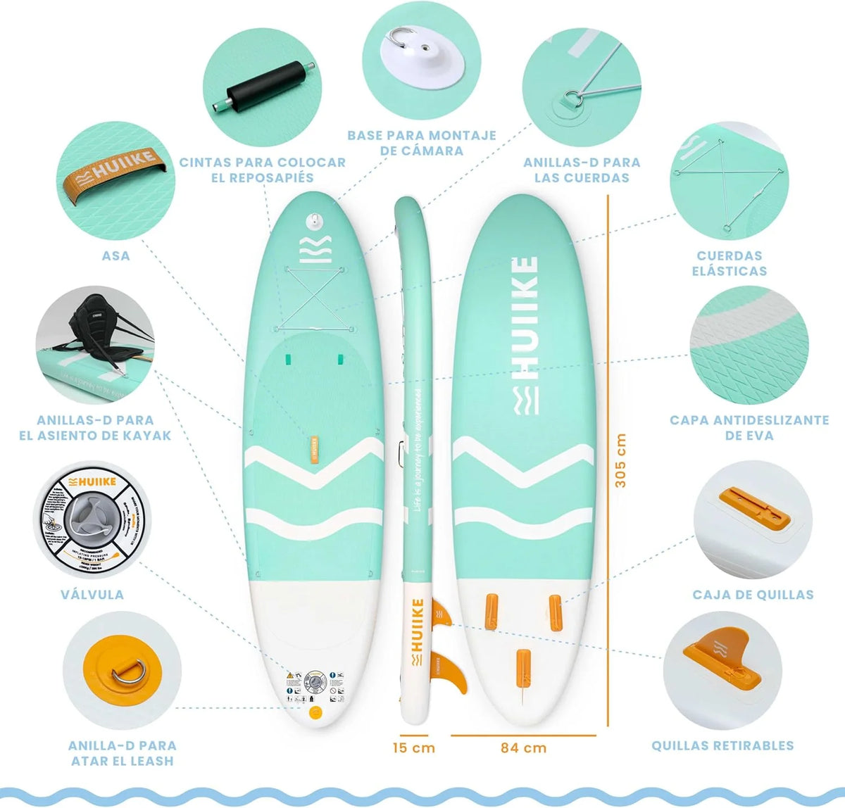 Dmuchana deska do pływania na stojąco HUIIKE z akcesoriami w zestawie: wiosłem, płetwami i pompką. Bardzo stabilna i wytrzymała deska do pływania na stojąco. Wymiary: 305 x 84 x 15 cm, udźwig do 130 kg.