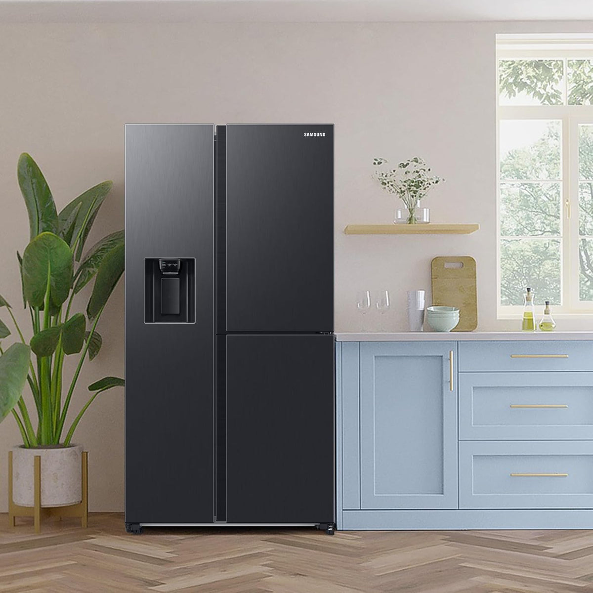 Lodówka typu side-by-side z zamrażarką Samsung RS64DG53R3B1EF, 178 cm, 628 l, tryb SmartThings AI Energy, dozownik lodu i wody, smukła kostkarka do lodu, stal nierdzewna premium
