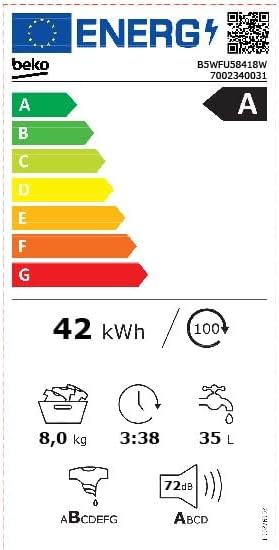 Pralka wolnostojąca Beko B5WFU58418W bPRO 500, w pełni automatyczna, 8 kg, AquaTech, wybór prędkości wirowania, 1400 obr./min, Bluetooth, funkcja pary, odpowiednia dla alergików, biała