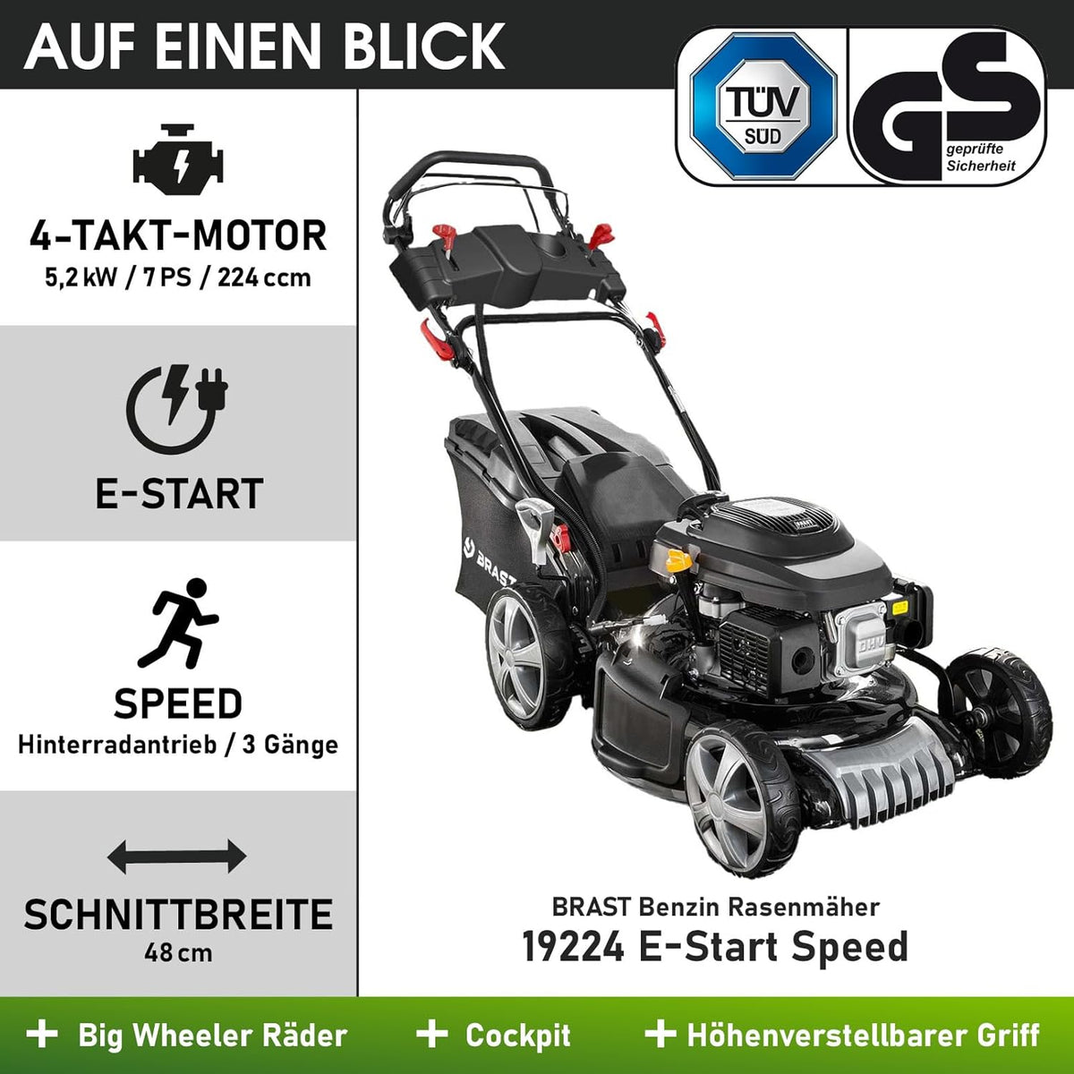 Spalinowa kosiarka do trawy BRAST z napędem | 5,2 kW (7 KM) | Rozruch elektryczny | Szerokość koszenia 48 cm | Różne modele | Certyfikat TÜV | Silnik czterosuwowy OHV | Wysokość koszenia 30–80 mm | Kosz na trawę 60 l | Stalowa obudowa | Model 19224 E