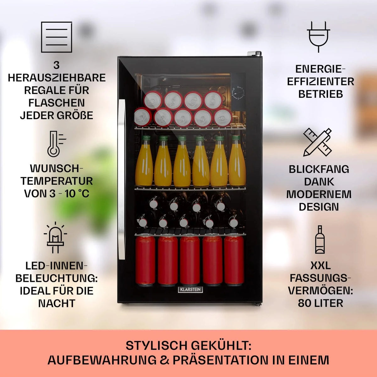 Klarstein Mini lodówka z drzwiami szklanymi do pomieszczeń, chłodziarka na napoje z regulowanymi półkami, mała 80 litrów, do użytku wewnątrz i na zewnątrz, cicha