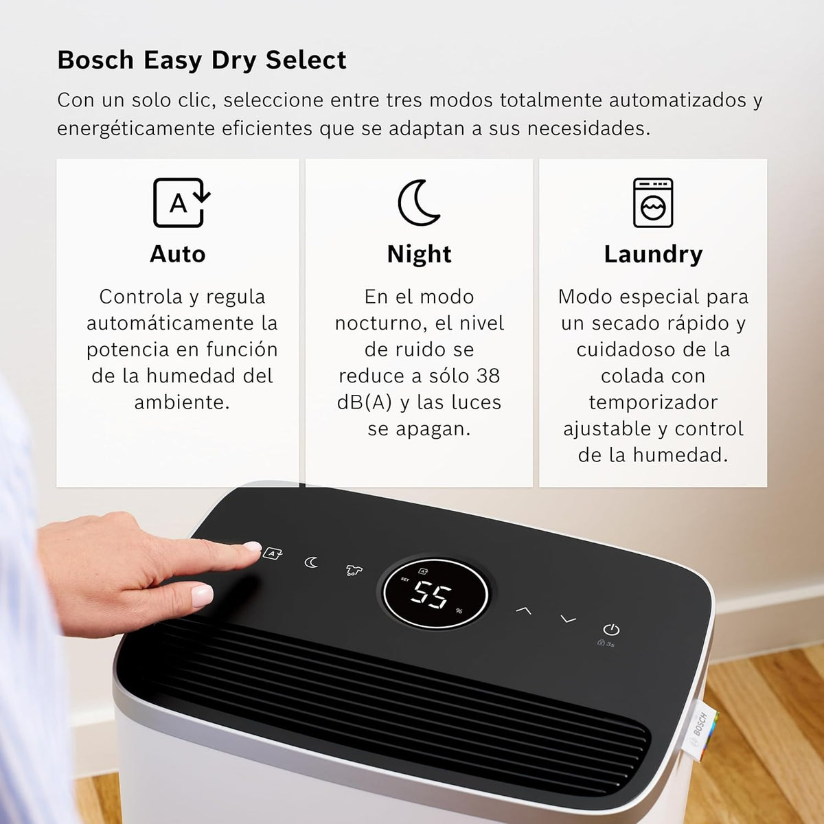 Osuszacz powietrza Bosch Dry 4000 – Prosty. Wydajny. Cichy. Do domu i sypialni – Do pomieszczeń o powierzchni do 33 m² – Szybkie suszenie prania