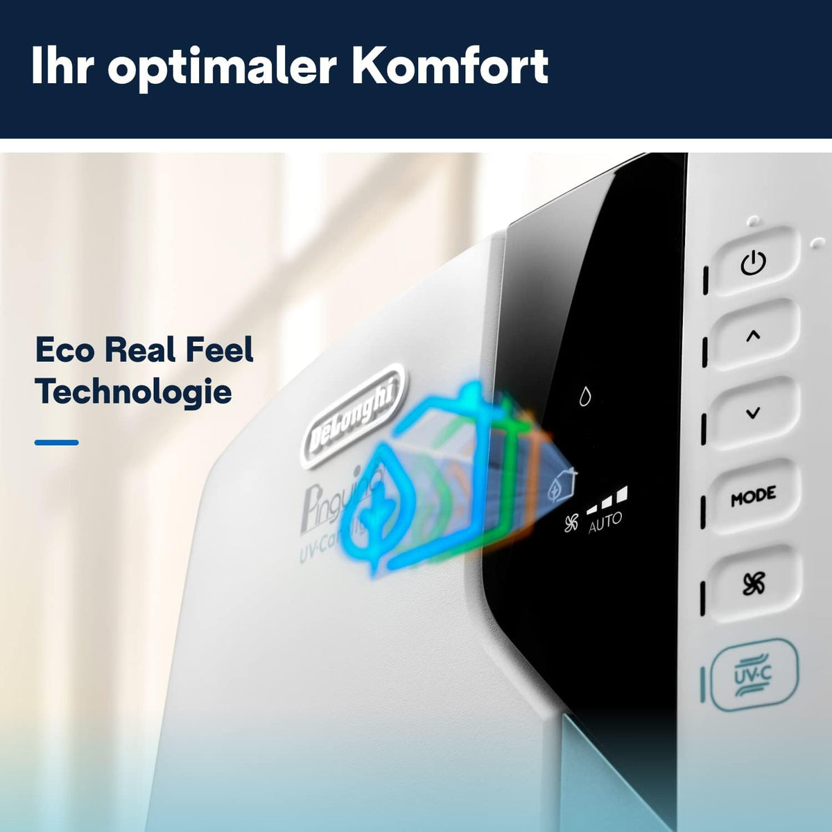De'Longhi Pinguino PAC EL112 CST WiFi, przenośna klimatyzacja z technologią MyEcoRealFeel do pomieszczeń o kubaturze do 110 m³, 11 000 BTU/h, 2,9 kW, 63 dB, funkcja osuszania, A, sterowanie aplikacją i głosem, kolor biały