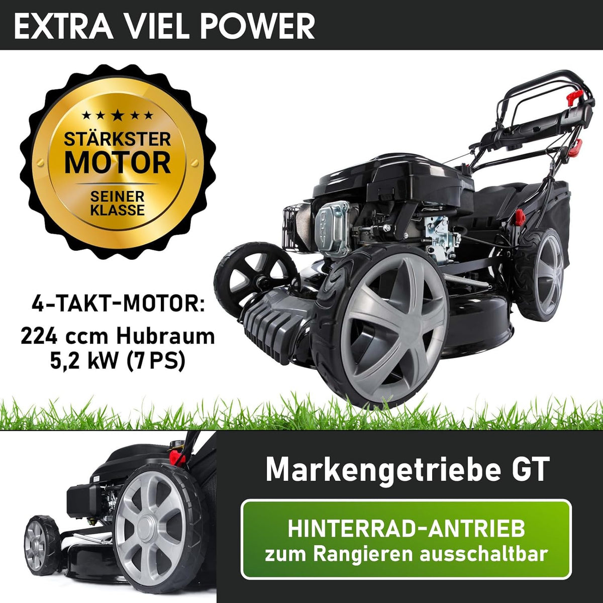 Spalinowa kosiarka do trawy BRAST z napędem | 5,2 kW (7 KM) | Rozruch elektryczny | Szerokość koszenia 48 cm | Różne modele | Certyfikat TÜV | Silnik czterosuwowy OHV | Wysokość koszenia 30–80 mm | Kosz na trawę 60 l | Stalowa obudowa | Model 19224 E