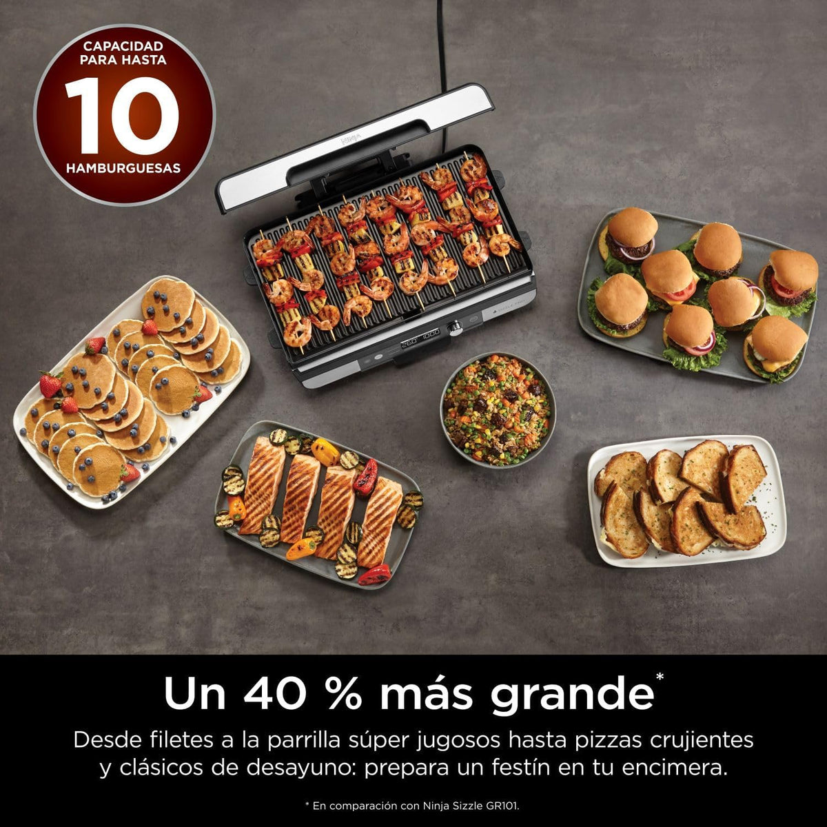 Ninja Sizzle Pro XL Indoor Grill en Bakplaat met Keramische Anti-aanbaklaag, Afneembaar Deksel, Vetopvangbak en Receptengids, Zilver/Zwart GX101EU