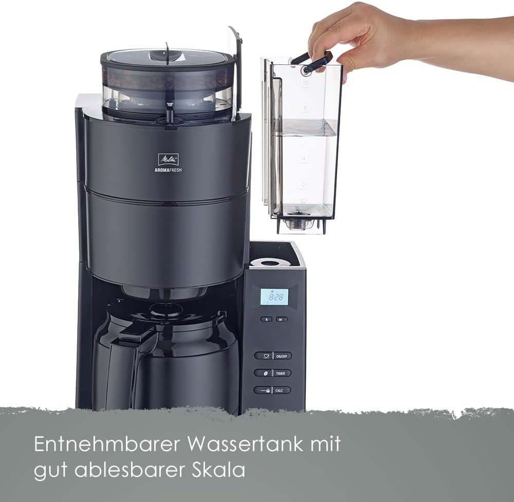 Melitta AromaFresh - Ekspres przelewowy - ze szklanym dzbankiem - wbudowanym młynkiem - funkcją timera - 10 filiżanek - Czysta czerń