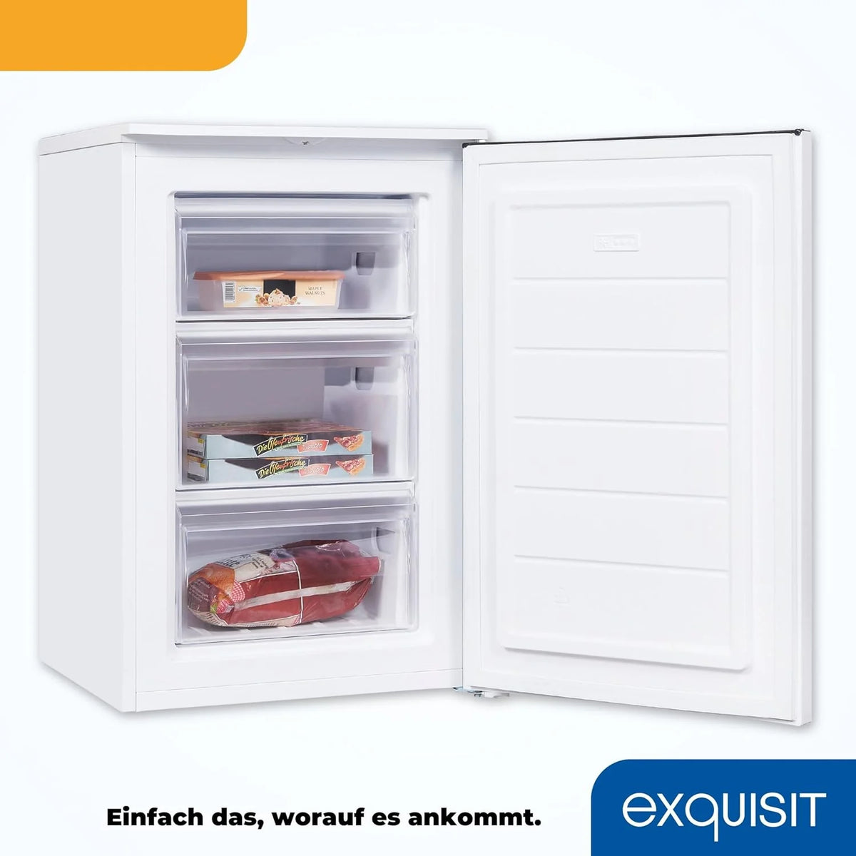 Exquisite staande vriezer, 87 liter, 4 sterren, energieklasse D, wit, 3 lades, handmatige ontdooiing, instelbare thermostaat, omkeerbare deur, 40 dB, verbruik 132 kWh/jaar, 85,5 x 54,5 x 58 cm